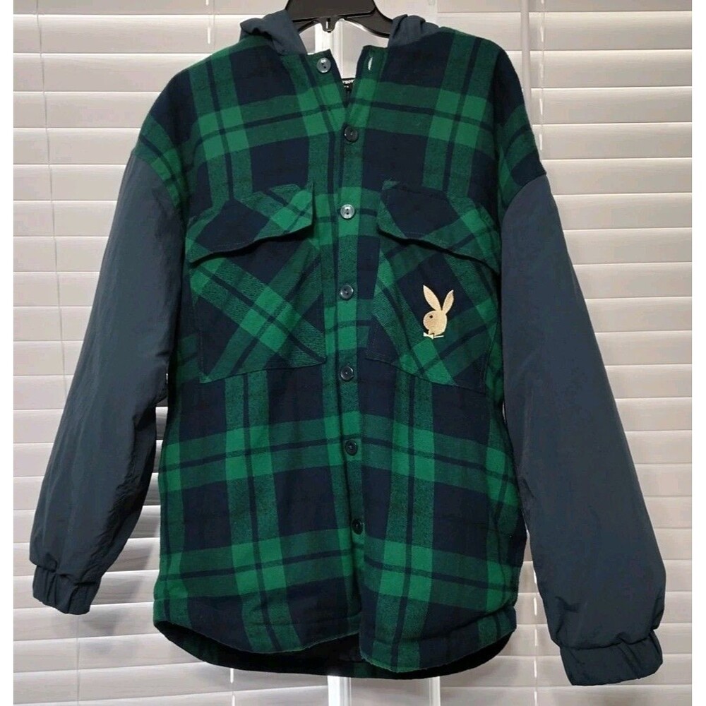 Playboy x Pacsun Mens Plaid Jacket  M/L Blue Green Hooded Coat Logo Quilted Warm